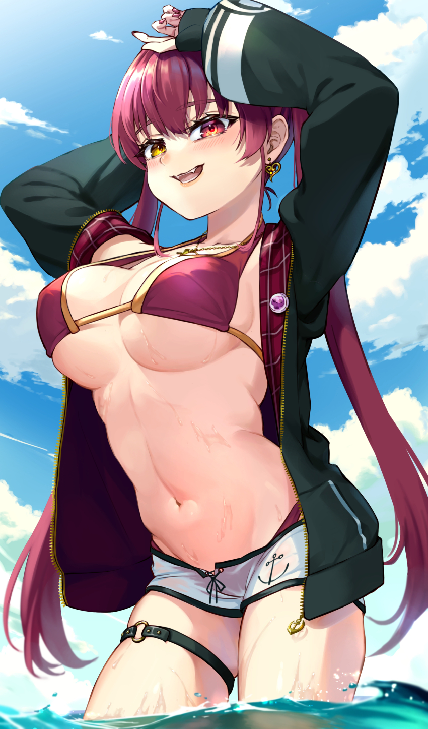 1girl, absurdres, arms_up, bikini, bikini_under_clothes, bikini_bottom_under_shorts, black_jacket, blue_sky