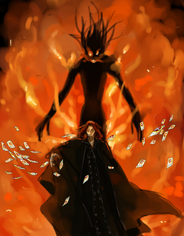 1boy, black_robe, card, cassock, commentary_request, feet_out_of_frame, fire, floating_card