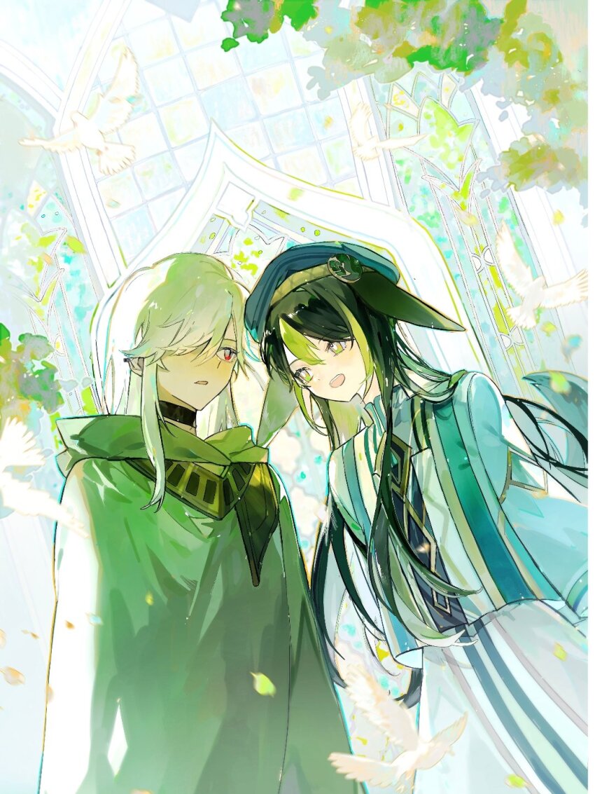 2boys, akademiya_uniform, arabian_clothes, armian, bird, black_hair, cloak, cyno_(genshin_impact)