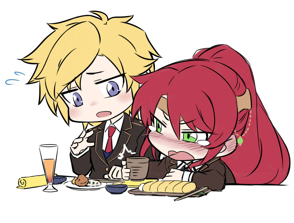1boy, 1girl, blonde_hair, blue_eyes, blush, chibi, chopsticks, circlet