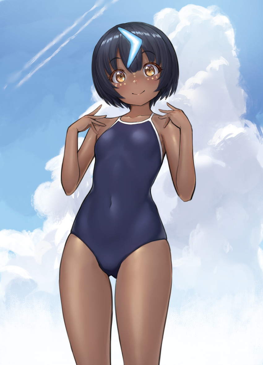 1girl, bare_shoulders, black_hair, blue_one-piece_swimsuit, blush, breasts, brown_eyes, covered_navel, dark-skinned_female, dark_skin, fate/grand_order, fate_(series), highres, looking_at_viewer, multicolored_hair, one-piece_swimsuit, ranma_(kamenrideroz), school_swimsuit, short_hair, small_breasts, smile, solo, streaked_hair, swimsuit, wandjina_(fate)