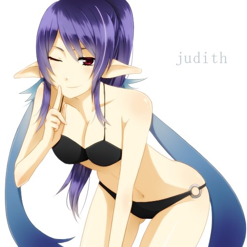 00s, 1girl, bikini, black_bikini, blue_hair, breasts, character_name, english_text