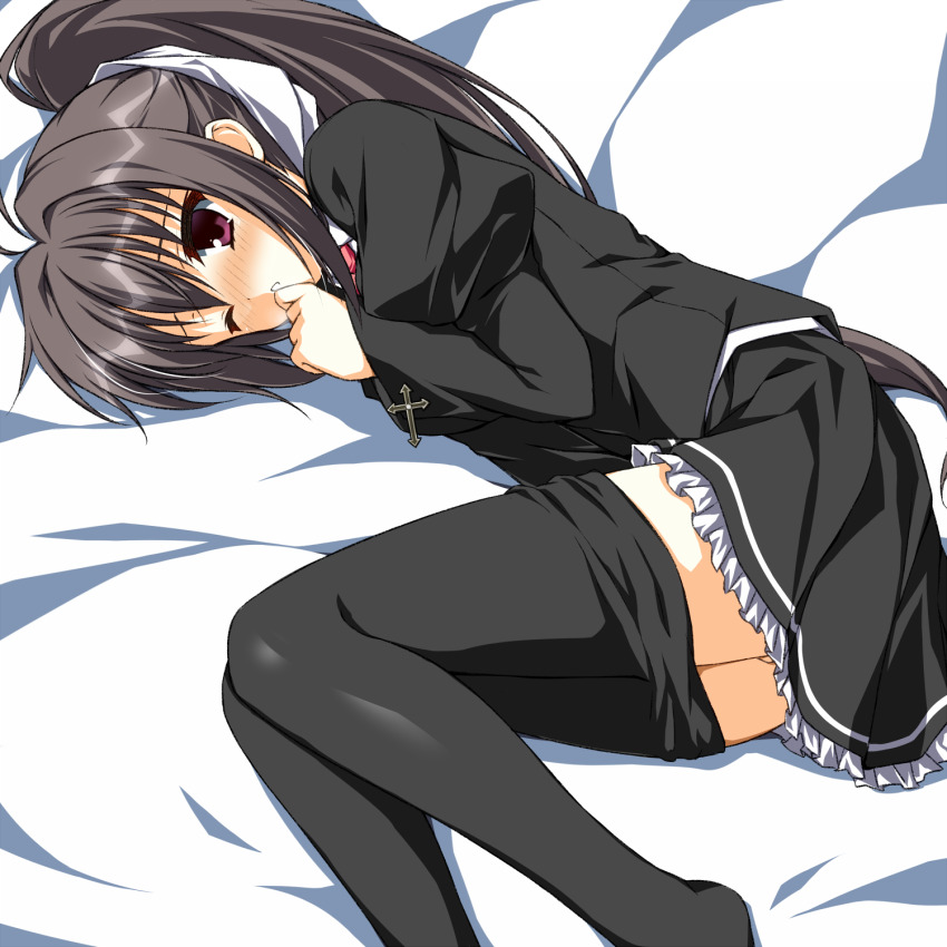 1girl, antenna_hair, asagi_nanami, bed_sheet, black_hair, black_pantyhose, black_shirt, black_skirt