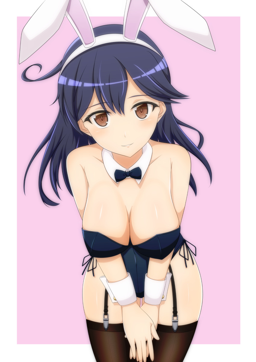 1girl, ahoge, alternate_costume, animal_ears, bell_shireikan, black_hair, black_leotard, black_thighhighs