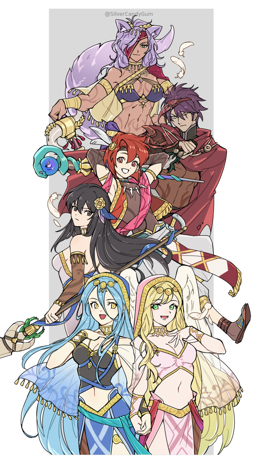 2boys, 4girls, absurdres, animal_ears, arms_behind_head, azura_(fire_emblem), azura_(hatari)_(fire_emblem), black_hair