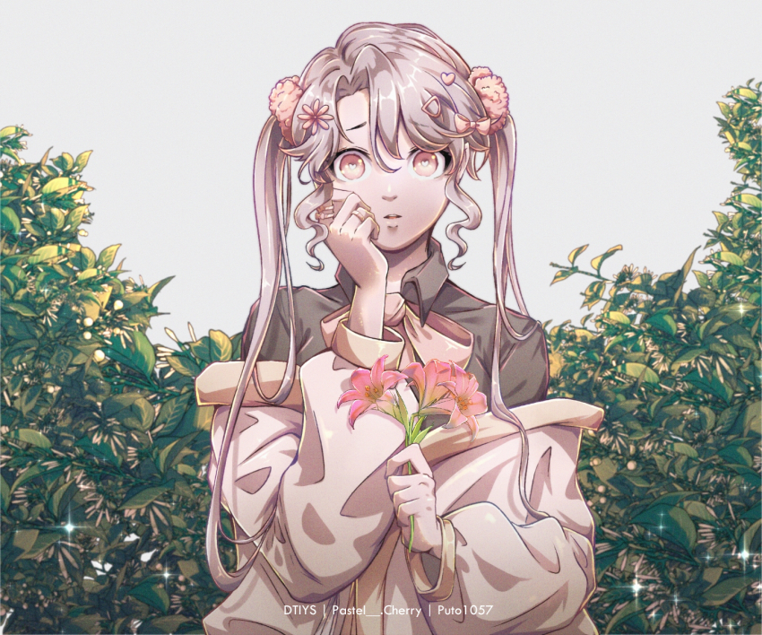 1girl, black_shirt, bow, bright_pupils, brown_bow, brown_jacket, bush, collared_shirt, commentary, draw_this_in_your_style_challenge, english_commentary, flower, grey_background, grey_hair, hair_bow, hair_flower, hair_ornament, heart, heart-shaped_pupils, highres, holding, holding_flower, jacket, looking_at_viewer, mana1057, off_shoulder, original, pink_bow, pink_eyes, pink_flower, shirt, solo, sparkle, straight-on, surprised, symbol-shaped_pupils, twintails, white_pupils