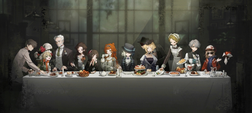 4boys, 6+girls, :d, apple, apple_(reverse:1999), apron, argyle_clothes, argyle_hairband