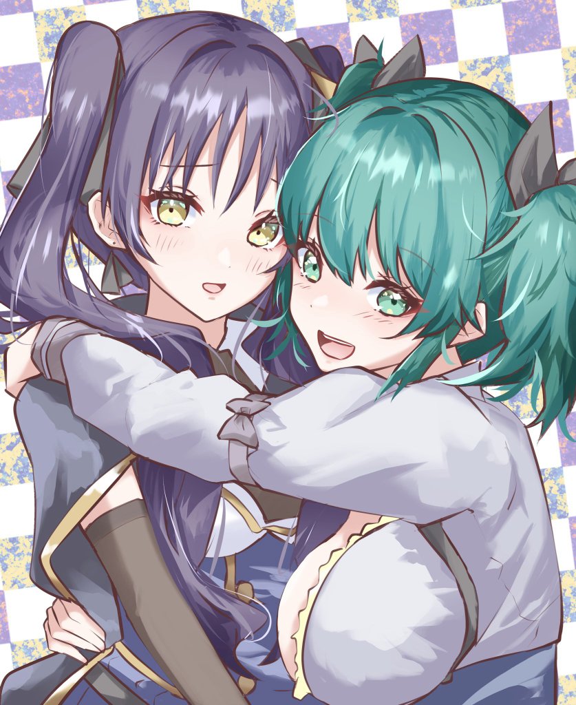 2girls, :d, aqua_eyes, assault_lily, black_cloak, black_ribbon, blue_shirt, blue_skirt