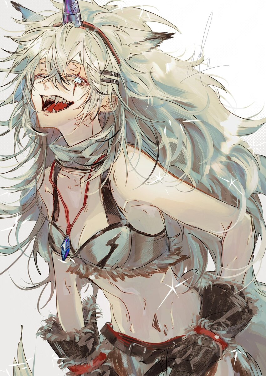 1girl, animal_ears, arknights, belt, cosplay, crop_top, fake_horns, fangs, gloves, grey_eyes, grey_hair, hair_ornament, hairclip, hand_on_own_hip, highres, horns, kirin_(armor), kirin_r_yato_(arknights), kirin_r_yato_(arknights)_(cosplay), lappland_(arknights), long_hair, m10_(lycos_zzz), messy_hair, midriff, monster_hunter_(series), navel, open_mouth, single_horn, sketch, solo, stomach, wolf_ears, yato_(arknights)