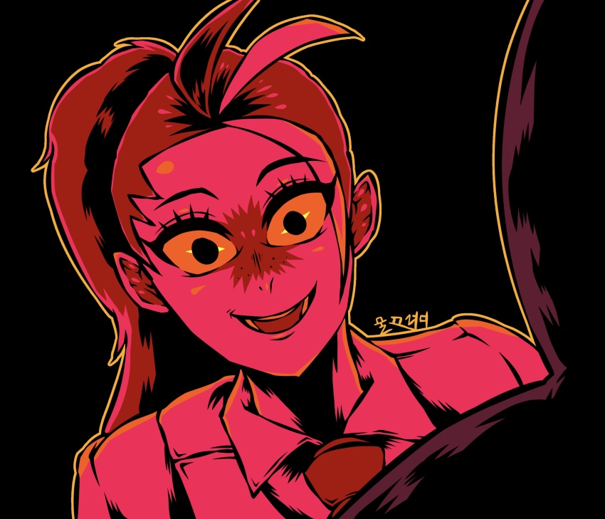 1girl, 1other, absurdres, bidul_(bidul72476120), collared_shirt, crazy_eyes, crazy_smile, creepy, eyelashes, freckles, highres, long_hair, looking_at_another, multicolored_hair, necktie, nemona_(pokemon), nintendo, open_mouth, pokemon, pokemon_scarlet_and_violet, ponytail, school_uniform, shaded_face, shirt, short_sleeves, smile, solo, two-tone_hair, upper_body