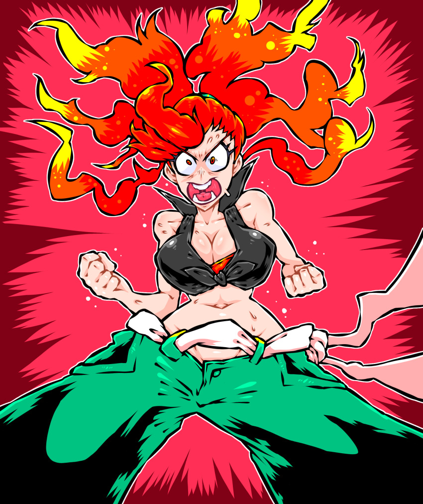 1girl, absurdres, bare_arms, bare_shoulders, bidul_(bidul72476120), breasts, clenched_hands, fiery_hair