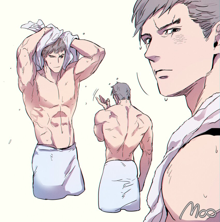 1boy, abs, absurdres, artist_name, back, bara, closed_mouth, grey_hair