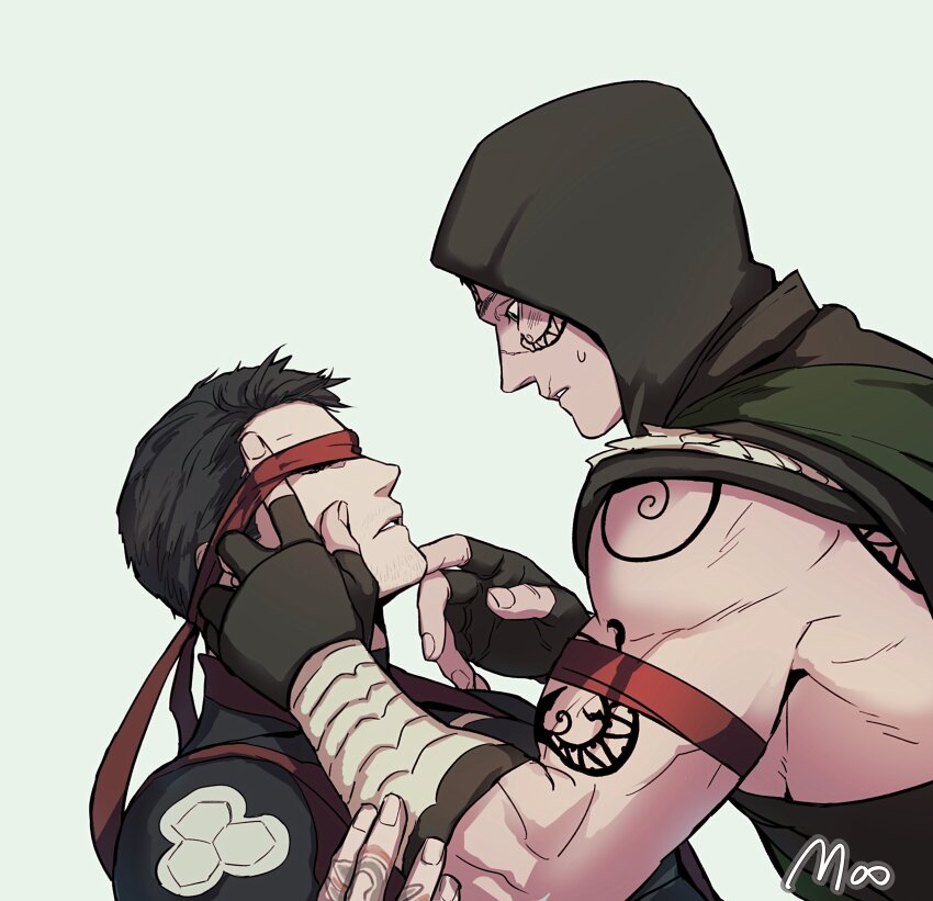 2boys, absurdres, arm_tattoo, armband, artist_name, bara, black_gloves, black_hair