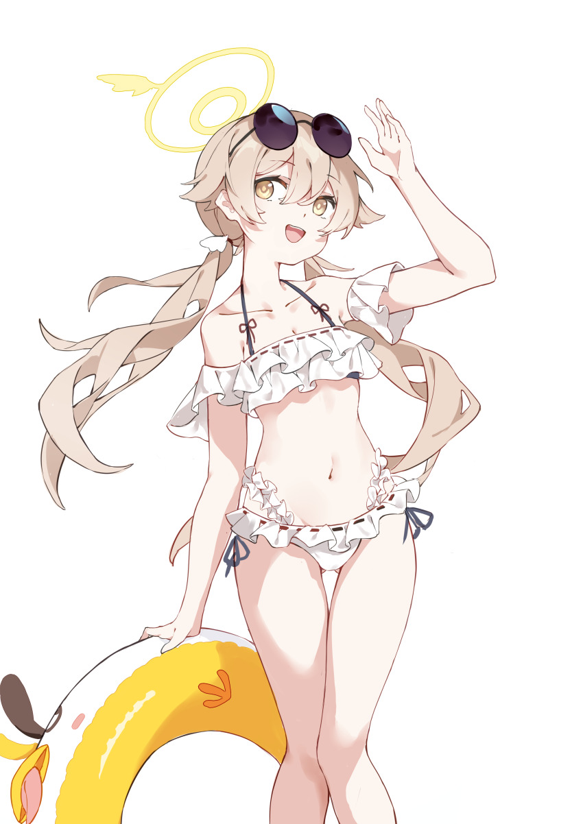 1girl, absurdres, bikini, blue_archive, collarbone, eyewear_on_head, feet_out_of_frame, frilled_bikini