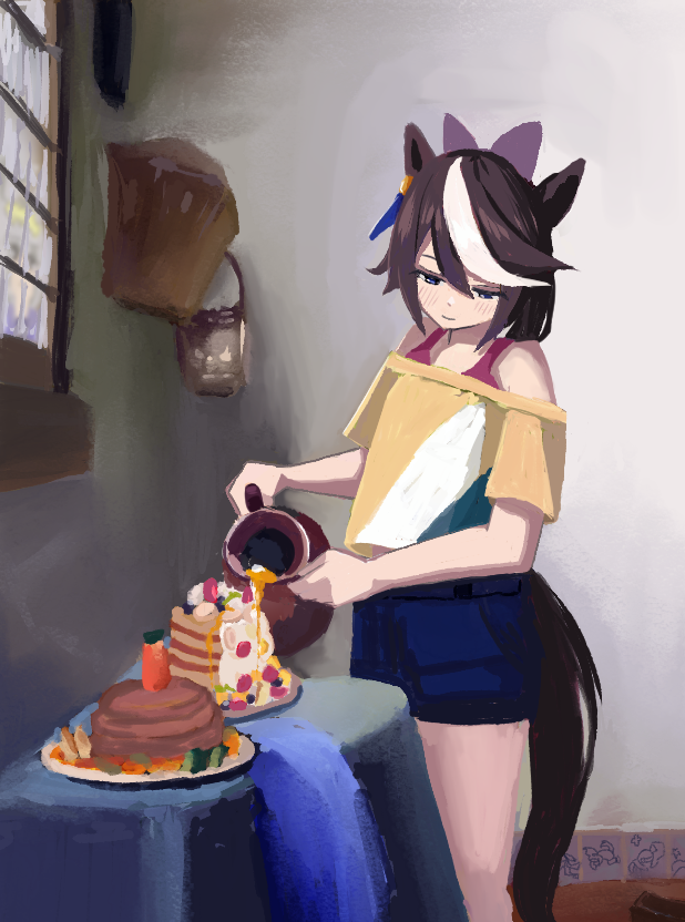 1girl, animal_ears, blue_shorts, blush, brown_hair, carrot, closed_mouth, feet_out_of_frame