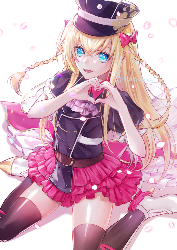 1boy, :d, black_hat, black_jacket, black_thighhighs, blonde_hair, blue_eyes, bow, braid, crossdressing, crossdressing_(mtf), floating_hair, hair_between_eyes, hair_bow, hat, heart, heart_hands, high_heels, jacket, layered_skirt, long_hair, looking_at_viewer, midare_toushirou, miniskirt, open_mouth, red_bow, red_skirt, shiny_skin, short_sleeves, sitting, skirt, smile, thighhighs, touken_ranbu, trap, twin_braids, very_long_hair, wariza, white_background, white_footwear, yuta_(kchimuuuuu), zettai_ryouiki