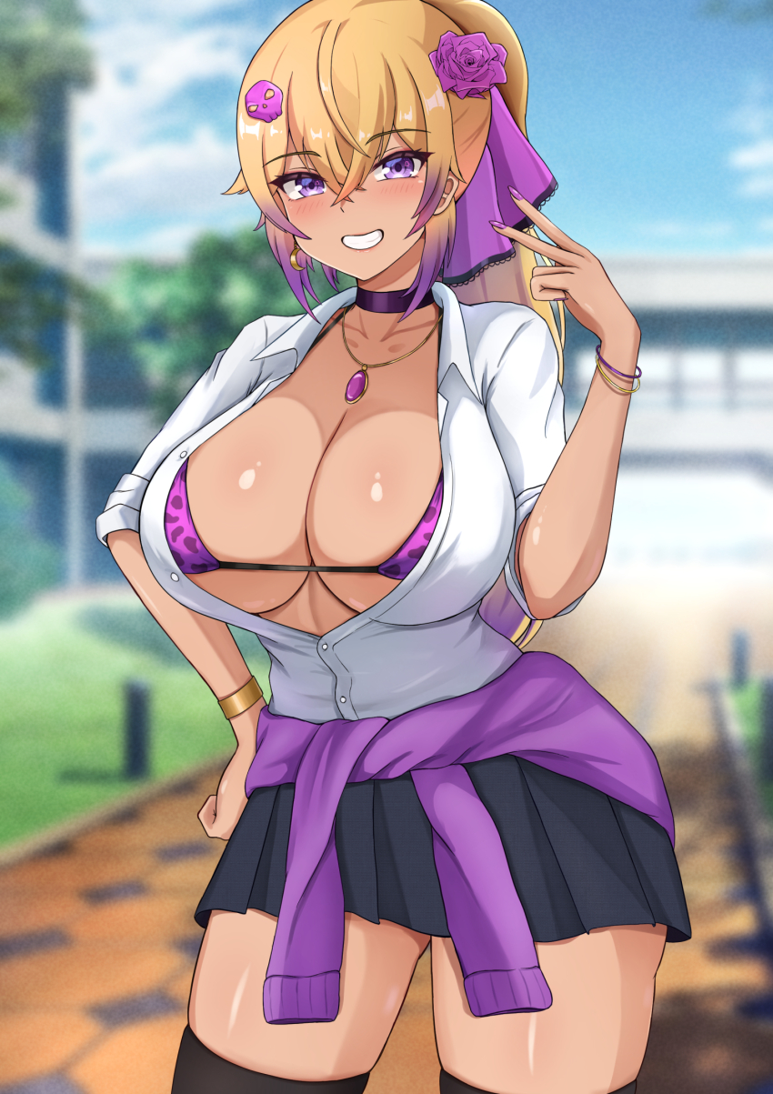 1girl, amesuku_gyaru, bikini, bikini_under_clothes, black_skirt, blonde_hair, bracelet, breasts, choker, cleavage, collarbone, collared_shirt, commission, dark-skinned_female, dark_skin, flower, gradient_hair, grin, gyaru, hair_flower, hair_ornament, hand_on_own_hip, highres, jewelry, kogal, large_breasts, long_hair, looking_at_viewer, micro_bikini, multicolored_hair, necklace, ophelia_midnight, parted_lips, partially_unbuttoned, pleated_skirt, ponytail, purple_hair, shirt, short_sleeves, skirt, sleeptopi, smile, solo, swimsuit, teeth, unbuttoned, unbuttoned_shirt, v, virtual_youtuber, vreverie, white_shirt