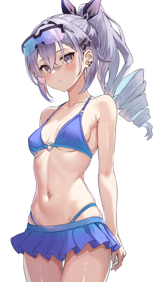 1girl, bare_arms, bare_shoulders, bikini, bikini_skirt, blue_bikini, blue_skirt, breasts, commentary_request, cowboy_shot, drill_hair, eyewear_on_head, grey_eyes, grey_hair, hair_ornament, hairclip, heart, heart_o-ring, hiruno_ushiro, honkai:_star_rail, honkai_(series), navel, o-ring, ponytail, silver_wolf_(honkai:_star_rail), simple_background, skirt, small_breasts, solo, standing, stomach, sunglasses, swimsuit, thighs, white_background