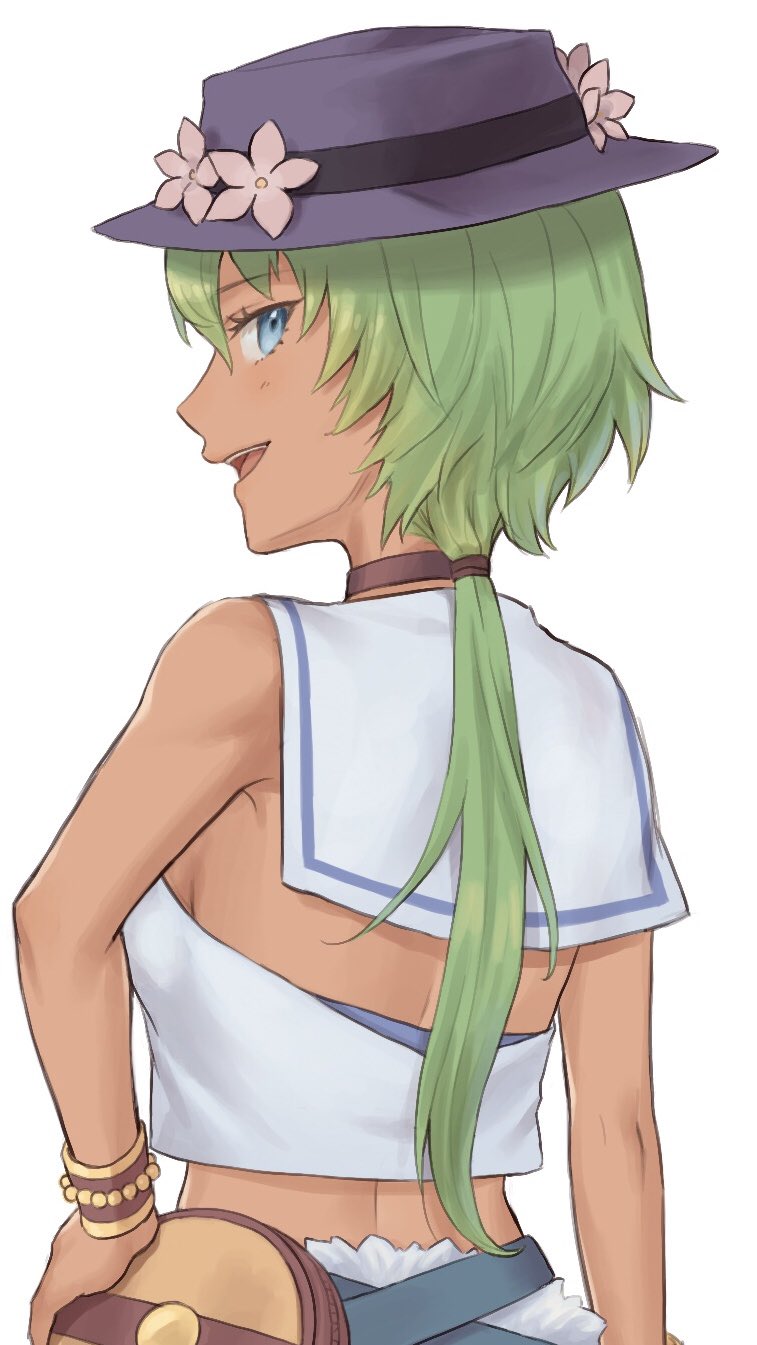 1girl, back_cutout, blue_eyes, bracelet, breasts, brown_choker, choker, clothing_cutout