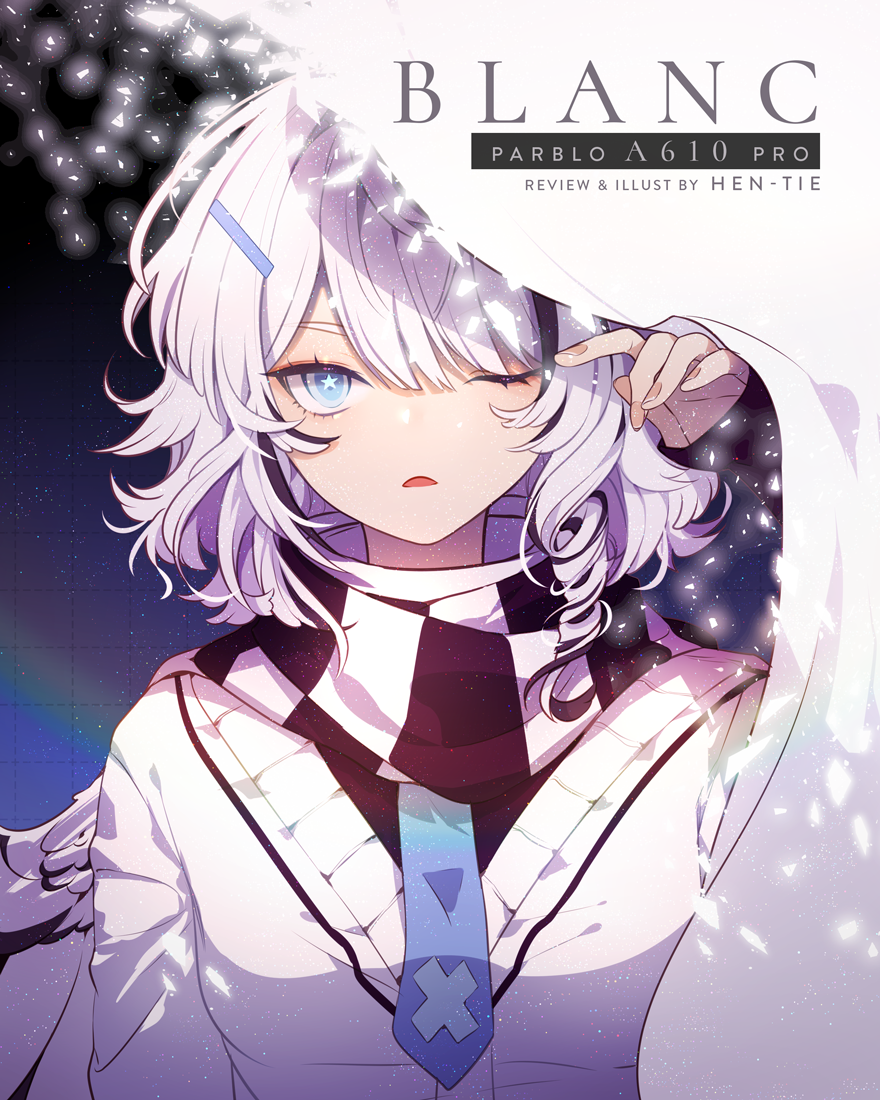 1girl, ad, artist_name, bird_wings, black-framed_eyewear, black_scarf, black_shirt, blanc_(hen-tie), blanket, blue_background, blue_eyes, blue_necktie, character_name, commentary, copyright_name, english_commentary, english_text, eyelashes, feathered_wings, fingernails, frown, hair_ornament, hairclip, hand_up, hen-tie, looking_at_viewer, multicolored_hair, necktie, one_eye_closed, open_mouth, original, parblo, rainbow, scarf, shirt, short_hair, solo, star_(symbol), star_in_eye, streaked_hair, striped_clothes, striped_scarf, symbol_in_eye, two-tone_scarf, upper_body, v-neck, vest, watermark, white_hair, white_scarf, white_vest, white_wings, wings