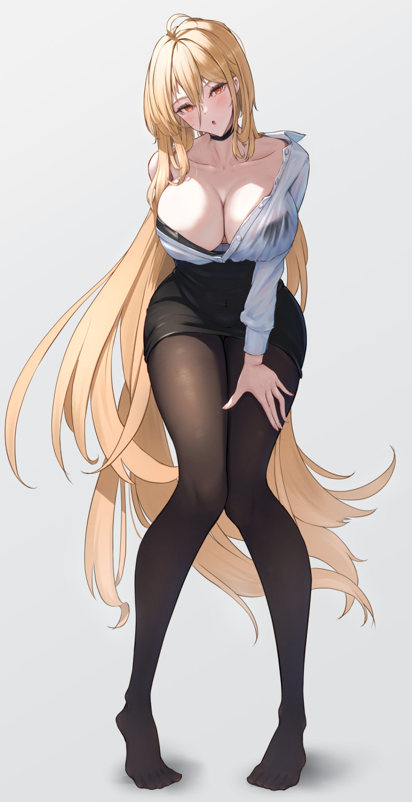 1girl, azur_lane, black_choker, black_pantyhose, black_skirt, blonde_hair, blush, breasts, choker, cleavage, collarbone, covered_navel, dress_shirt, feet, full_body, grey_background, hair_between_eyes, hand_on_own_thigh, highres, implacable_(azur_lane), implacable_(shepherd_of_the_"lost")_(azur_lane), large_breasts, legs, long_hair, long_sleeves, no_shoes, off_shoulder, official_alternate_costume, pantyhose, red_eyes, ropi_(yyuichi29), shirt, simple_background, skirt, solo, thighs, very_long_hair, wet, wet_clothes, wet_shirt, white_shirt
