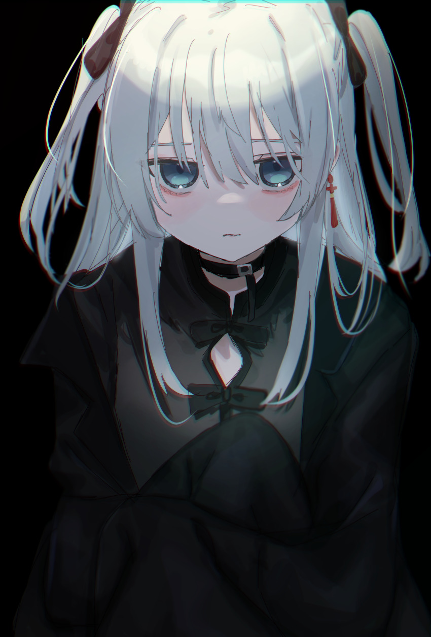 1girl, absurdres, aqua_eyes, black_background, black_jacket, black_ribbon, black_shirt, collar