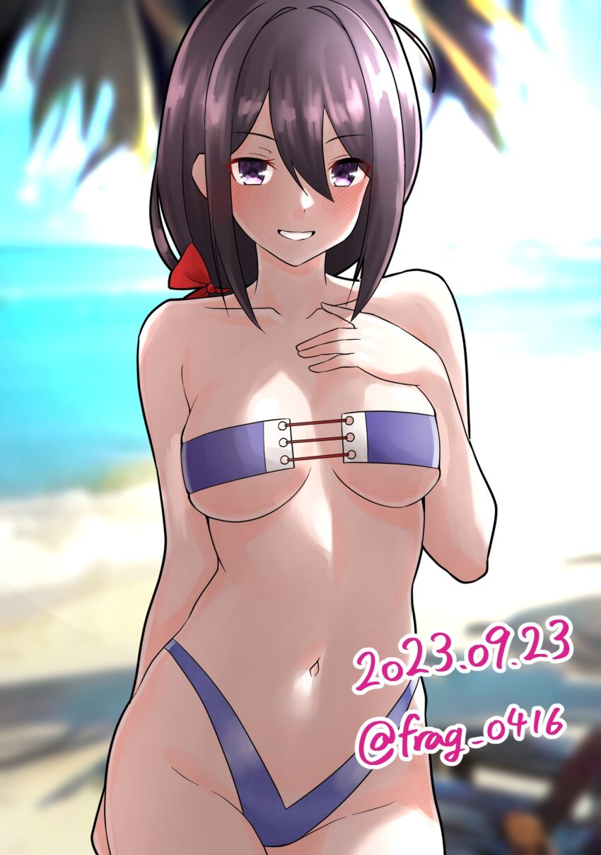 1girl, ariake_(kancolle), ariake_(swimsuit)_(kancolle), beach, bikini, black_hair, blue_sky, breasts, cloud, cowboy_shot, day, furaggu_(frag_0416), hand_on_own_chest, highleg, highleg_bikini, highres, horizon, kantai_collection, long_hair, looking_at_viewer, low_ponytail, medium_breasts, ocean, official_alternate_costume, one-hour_drawing_challenge, outdoors, parted_lips, ponytail, purple_bikini, purple_eyes, sky, solo, standing, swimsuit, twitter_username