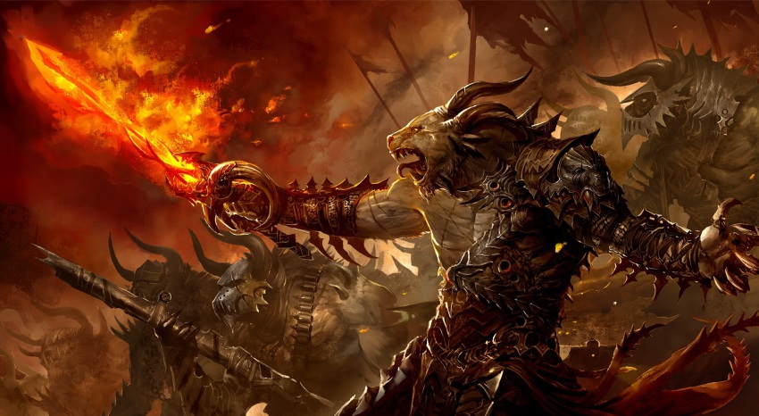 armor, cannon, charr, charr_soldiers, fire, flag, flaming_sword, flaming_weapon