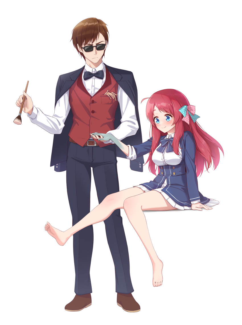 1boy, 1girl, absurdres, ahoge, bare_legs, barefoot, belt, black_bow