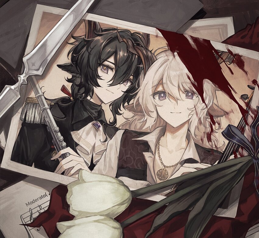 2boys, animal_ears, arknights, ascot, black_hair, black_shirt, black_suit, blood