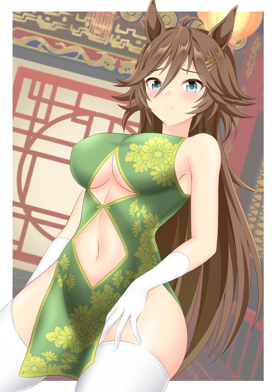 1girl, ahoge, alternate_costume, animal_ears, bare_shoulders, border, breasts, brown_hair