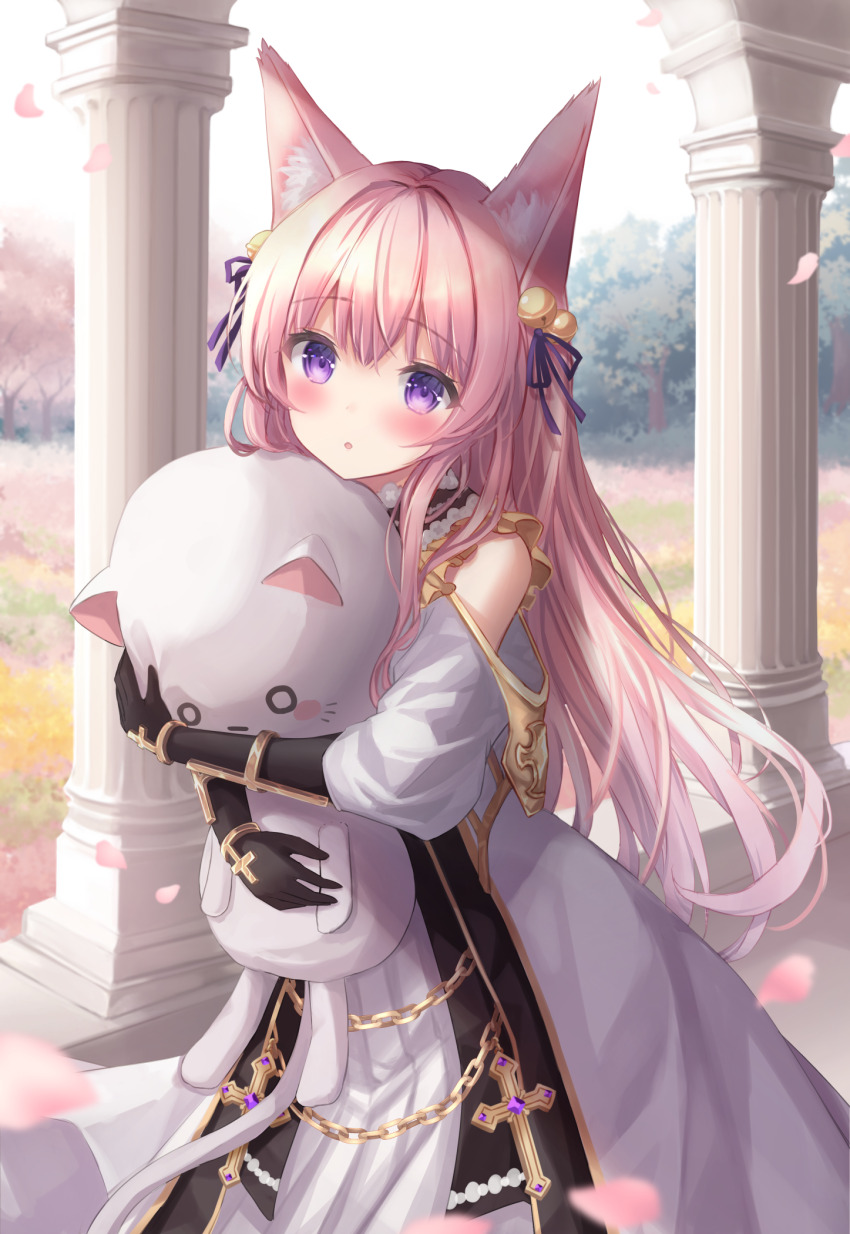 1girl, :o, animal_ear_fluff, animal_ears, bell, black_gloves, blue_eyes, clothing_cutout