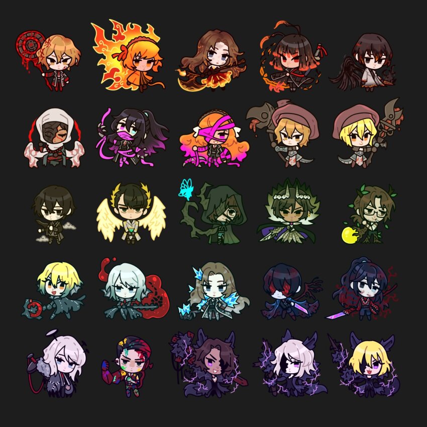 4th_match_flame_(e.g.o), 6+boys, 6+girls, animal_ears, ardor_blossom_star_(e.g.o), beard_stubble, black_background, black_eyes, black_hair, blonde_hair, blood, blue_eyes, brown_hair, closed_eyes, dagger, dimension_shredder_(e.g.o), don_quixote_(project_moon), doomsday_calendar_(project_moon), e.g.o_(project_moon), electricity, facial_hair, faust_(project_moon), fiery_hair, fluid_sac_(e.g.o), gauntlets, gregor_(project_moon), hair_ribbon, hammer, heathcliff_(project_moon), heterochromia, hex_nail_(e.g.o), highres, holding, holding_weapon, hong_lu_(project_moon), horns, impending_day_(e.g.o), ishmael_(project_moon), knife, lantern_(e.g.o), legerdemain_(e.g.o), lifetime_stew_(e.g.o), limbus_company, looking_at_viewer, mail, meursault_(project_moon), multiple_boys, multiple_girls, one_eye_closed, orange_ribbon, outis_(project_moon), pink_ribbon, pink_shoes_(project_moon), ponytail, project_moon, pursuance_(e.g.o), red_eyes, ribbon, rodion_(project_moon), roseate_desire_(e.g.o), ryoshu_(project_moon), screwloose_wallop_(e.g.o), simple_background, sinclair_(project_moon), single_wing, stubble, telepole_(e.g.o), weapon, white_hair, wings, wishing_cairn_(e.g.o), wolf_ears, ya_sunyata_tad_rupam_(e.g.o), yellow_eyes, yi_sang_(project_moon), zerosshadows