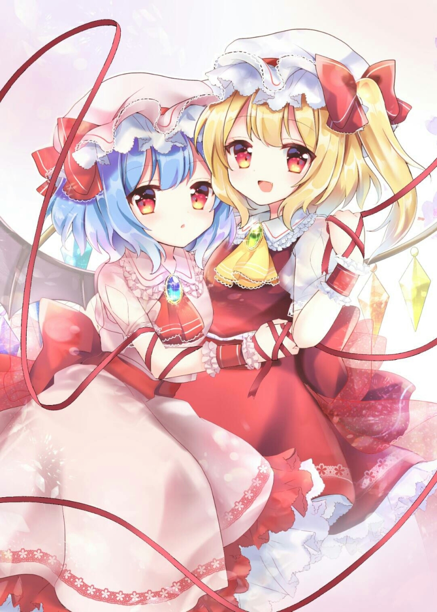 2girls, arm_ribbon, ascot, back_bow, bat_wings, blonde_hair, blue_hair, bow