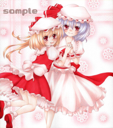 2girls, back_bow, blonde_hair, blush, bobby_socks, bow, closed_mouth, collared_shirt, english_text, feet_out_of_frame, flandre_scarlet, frilled_shirt_collar, frilled_skirt, frilled_sleeves, frills, full_body, grey_hair, hat, hat_ribbon, large_bow, light_smile, looking_at_viewer, lowres, medium_hair, mob_cap, multiple_girls, one_side_up, open_mouth, pink_background, pink_shirt, pink_skirt, puffy_short_sleeves, puffy_sleeves, red_bow, red_eyes, red_footwear, red_ribbon, red_skirt, red_vest, remilia_scarlet, ribbon, salt713, sample_watermark, shirt, shoe_soles, short_sleeves, siblings, simple_background, sisters, skirt, skirt_set, sleeve_ribbon, socks, steepled_fingers, touhou, traditional_media, vest, watermark, white_bow, white_headwear, white_shirt, white_socks