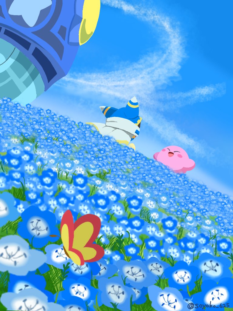 animal_ears, belt, blue_belt, blue_flower, blue_hood, blue_sky, blush_stickers, bug, butterfly, cape, closed_eyes, cloud, colored_skin, day, disembodied_hand, dutch_angle, field, flower, flower_field, gear_print, gloves, insect, kirby, kirby_(series), looking_at_another, lor_starcutter, magolor, nemophila_(flower), nintendo, no_humans, open_mouth, outdoors, pink_skin, rayman_limbs, scarf, ship, sky, smile, soyoko, spacecraft, star_(symbol), star_print, twitter_username, watercraft, white_cape, white_scarf, yellow_gloves, yellow_trim