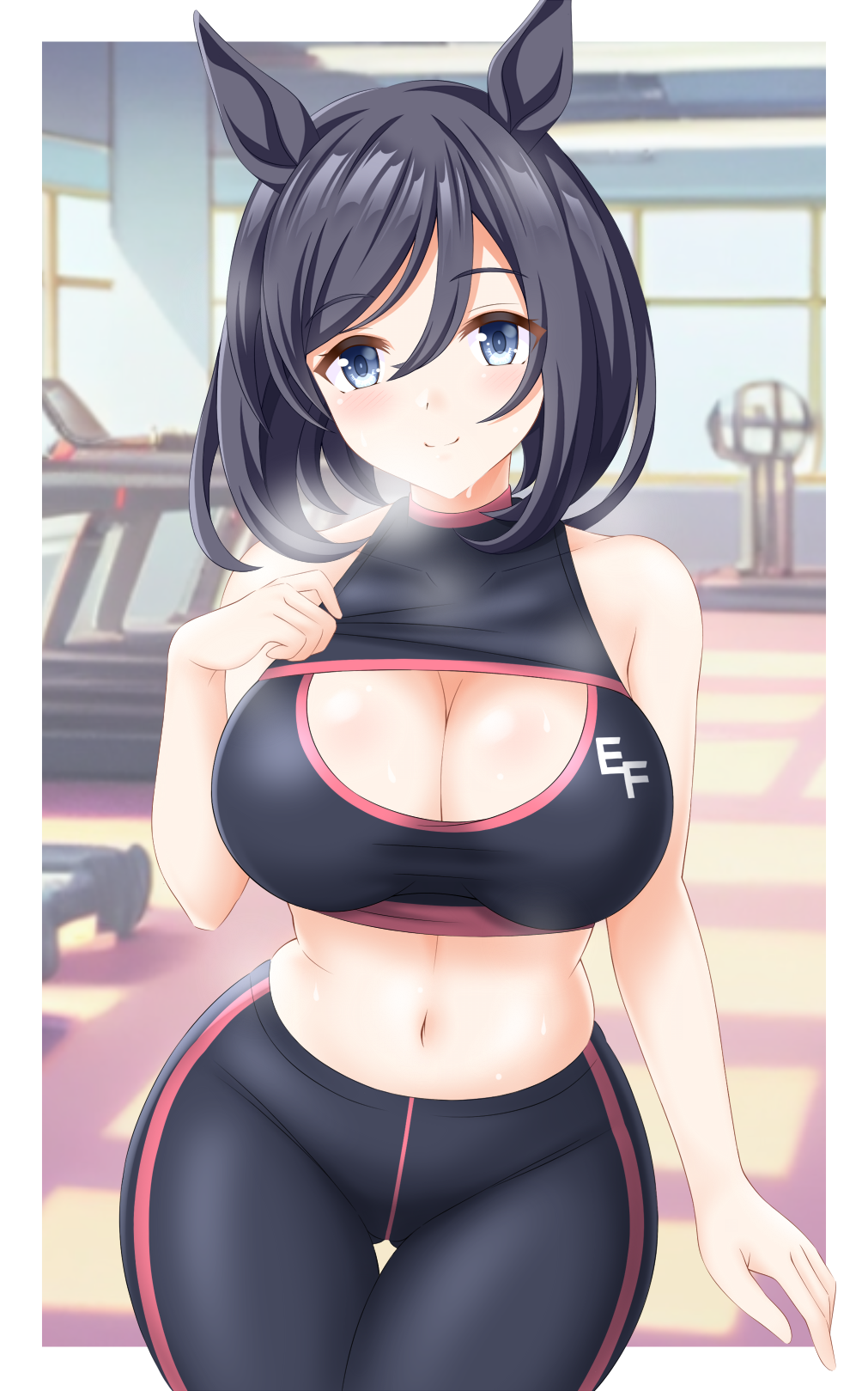 1girl, animal_ears, armpit_crease, black_hair, black_pants, black_sports_bra, blurry, blurry_background, border, breasts, cleavage, cleavage_cutout, closed_mouth, clothing_cutout, eishin_flash_(umamusume), fitness_gym, grey_eyes, gurukorian, hair_between_eyes, highres, horse_ears, horse_girl, large_breasts, light_blush, midriff, navel, pants, short_hair, smile, solo, sports_bra, steaming_body, sweat, thigh_gap, treadmill, umamusume, white_border