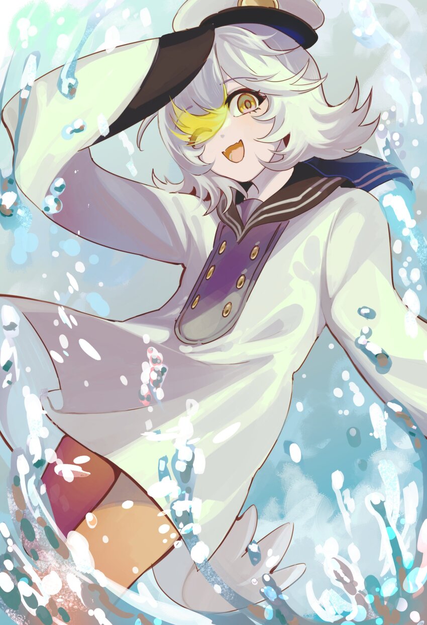 1girl, absurdres, bird_girl, blonde_hair, newsboy_cap, dress, funamusea, hat, highres, looking_at_viewer, medium_hair, memoca_(funamusea), multicolored_hair, nyl0n06, ocean, one_eye_closed, oounabara_to_wadanohara, open_mouth, orange_pantyhose, pantyhose, paw_sleeves, smile, solo, streaked_hair, water, white_dress, white_hair, white_hat, yellow_eyes