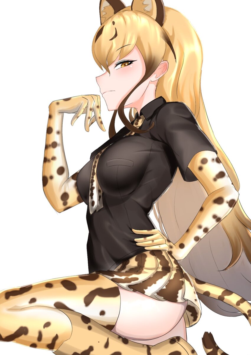 1girl, animal_ears, animal_print, ass, bentmen, between_breasts, black_shirt, blonde_hair