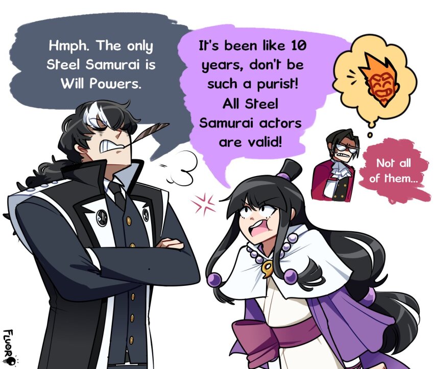 1girl, 3boys, ace_attorney, anger_vein, ascot, black_hair, black_necktie, blunt_bangs, collared_shirt, commentary, english_commentary, english_text, facial_hair, feather_in_mouth, fluorart, formal_clothes, goatee, grey_hair, hair_ornament, half_updo, jacket, japanese_clothes, jewelry, kimono, larry_butz, long_hair, long_sleeves, magatama, magatama_necklace, maya_fey, miles_edgeworth, multicolored_hair, multiple_boys, necklace, necktie, phoenix_wright:_ace_attorney_-_spirit_of_justice, shirt, short_hair, sidelocks, simon_blackquill, speech_bubble, sphere_hair_ornament, spiked_hair, suit, thought_bubble, two-tone_hair, white_hair