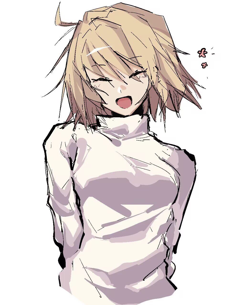 1girl, ^_^, ahoge, arcueid_brunestud, arms_behind_back, blonde_hair, closed_eyes, hair_between_eyes, hair_intakes, happy, highres, long_sleeves, open_mouth, shirt, short_hair, simple_background, smile, solo, sweater, tara3763, tsukihime, turtleneck, turtleneck_sweater, upper_body, white_background, white_shirt