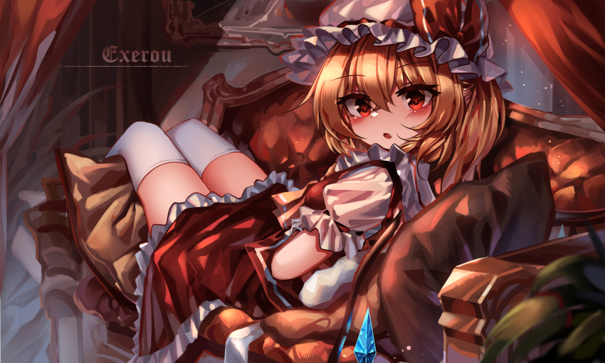 1girl, absurdres, artist_name, ascot, blonde_hair, blush, brown_pillow, collared_shirt