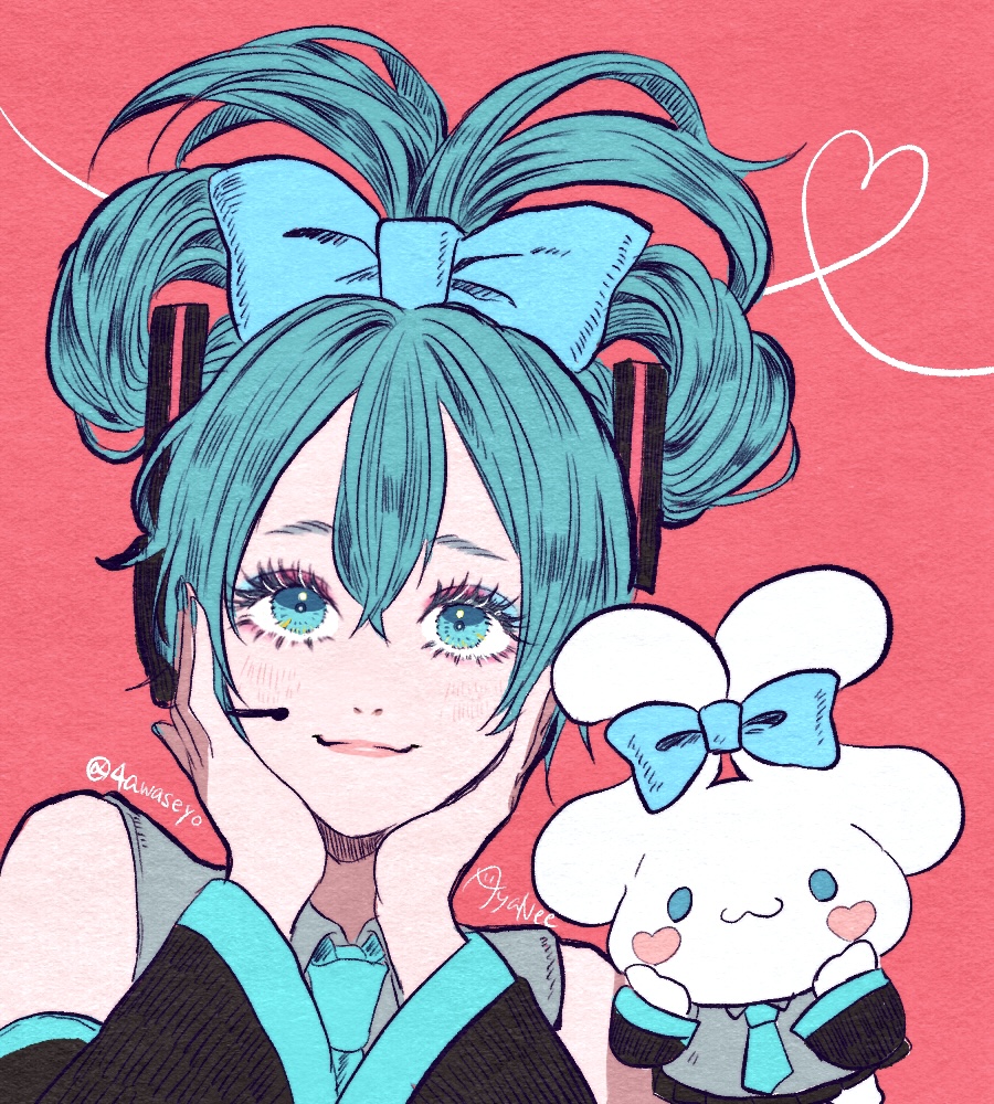 1girl, aqua_bow, aqua_eyes, aqua_hair, aqua_necktie, ayanee, black_sleeves, bow