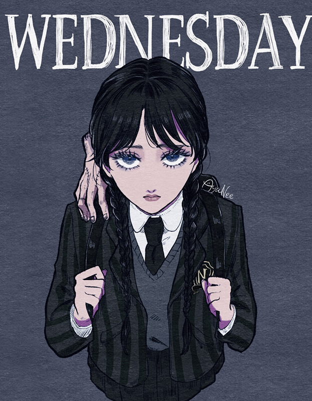 1girl, the_addams_family, animification, ayanee, black_hair, black_jacket, black_necktie, blue_eyes, braid, character_name, collared_shirt, grey_sweater_vest, jacket, long_hair, looking_at_viewer, necktie, shirt, solo, striped_clothes, striped_jacket, sweater_vest, thing_(the_addams_family), twin_braids, wednesday_(netflix), wednesday_addams, white_shirt