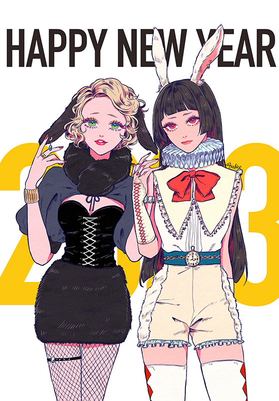 2023, 2girls, ayanee, black_dress, black_hair, blonde_hair, blunt_bangs, bracelet