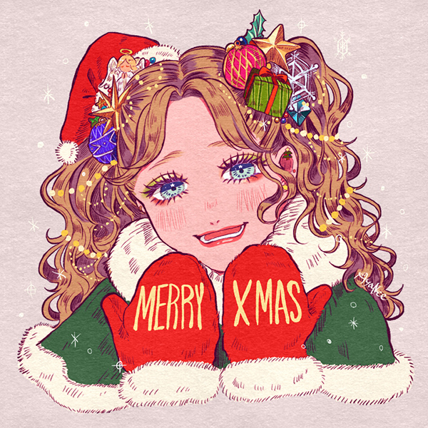 1girl, angel, ayanee, blue_eyes, blush, box, brown_hair, christmas_ornaments