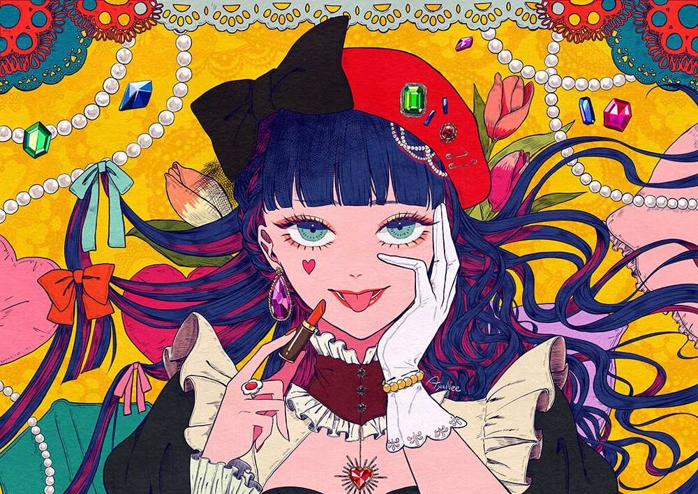 1girl, aqua_bow, aqua_eyes, ayanee, black_bow, blue_hair, blunt_bangs, bow