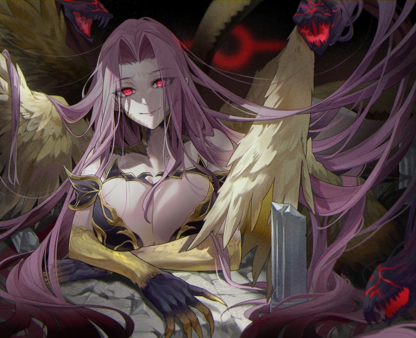 1girl, air_(98061035), breasts, column, fate/grand_order, fate_(series), forehead, gorgon_(fate), huge_breasts, long_hair, looking_at_viewer, medusa_(fate), pillar, purple_hair, red_eyes, rider, snake, snake_hair, wings