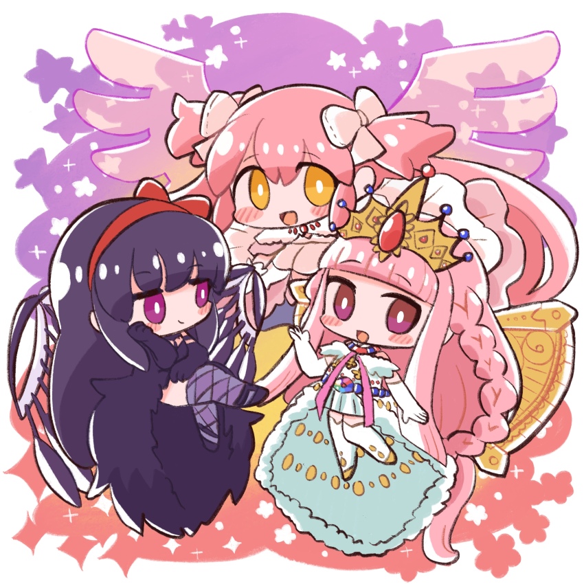 3girls, absurdly_long_hair, absurdres, akemi_homura, akuma_homura, argyle_clothes, argyle_thighhighs, bare_shoulders