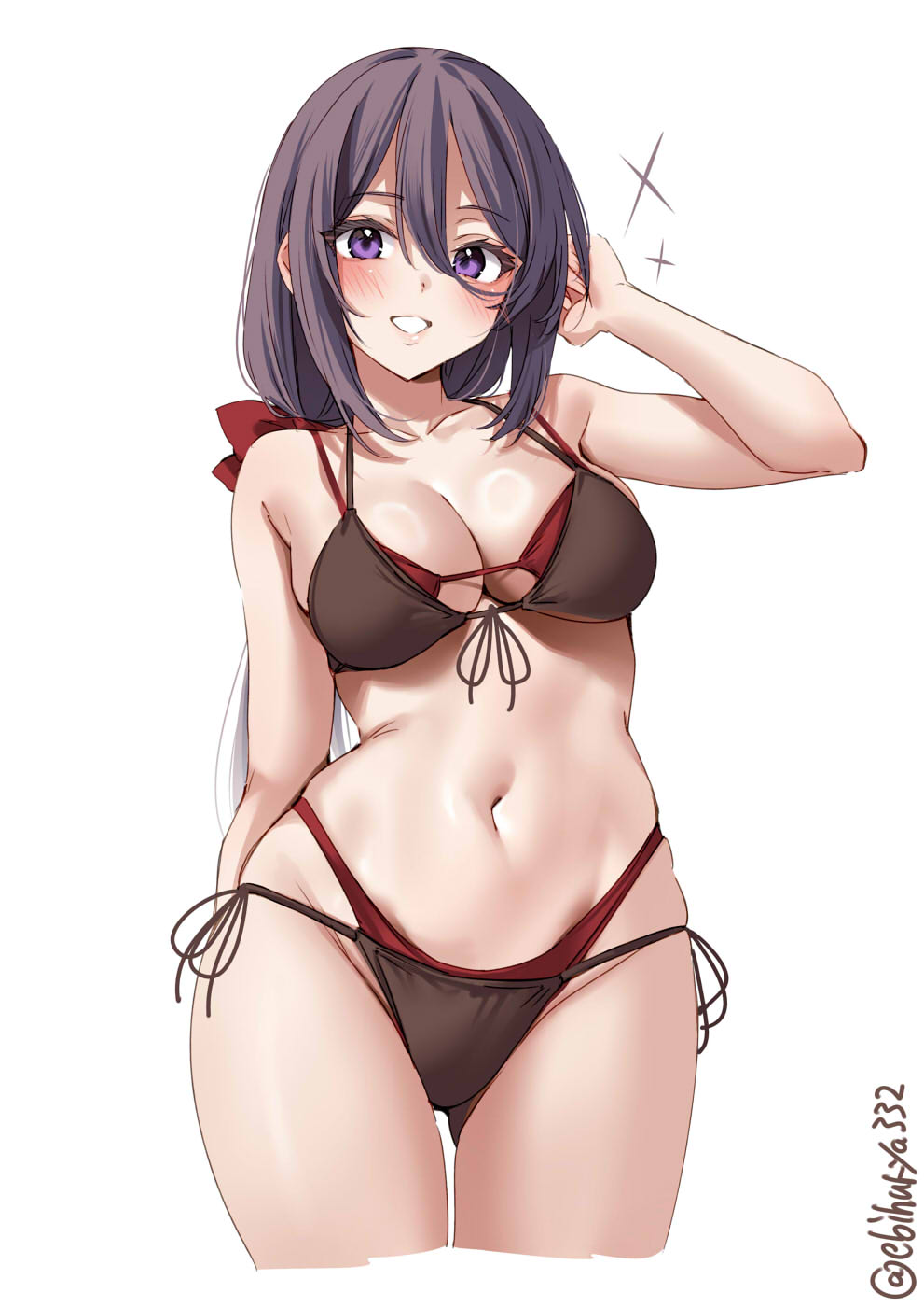 1girl, alternate_costume, ariake_(kancolle), arm_up, bikini, black_bikini, breasts, cleavage